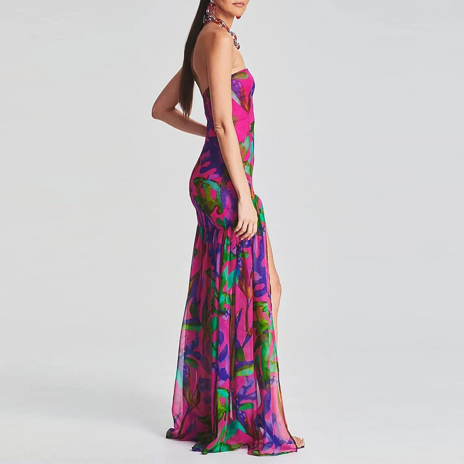 Women's Sexy Mesh Patchwork Maxi Dress Floral Tiger Print Strapless Tube Top Dress High Slit Party Long Dress