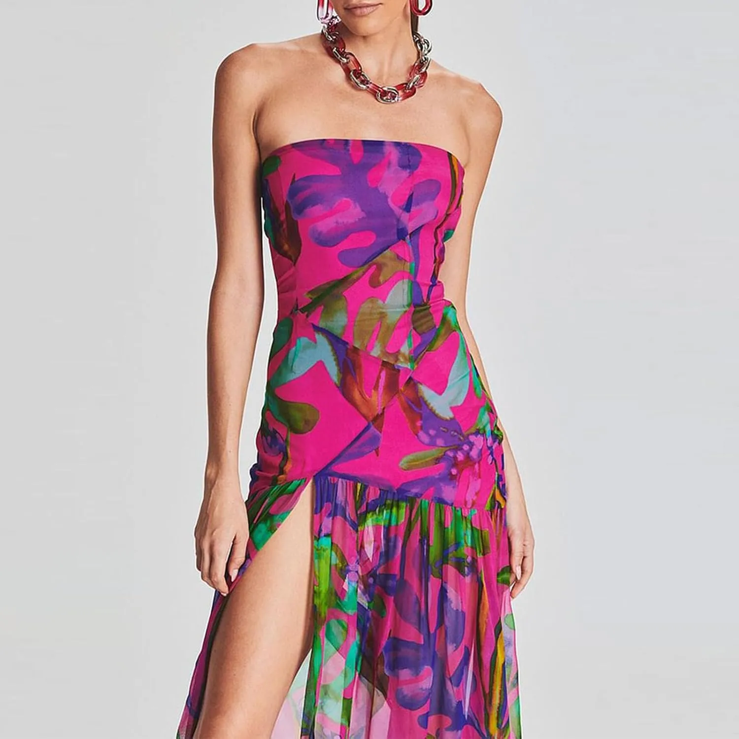 Women's Sexy Mesh Patchwork Maxi Dress Floral Tiger Print Strapless Tube Top Dress High Slit Party Long Dress