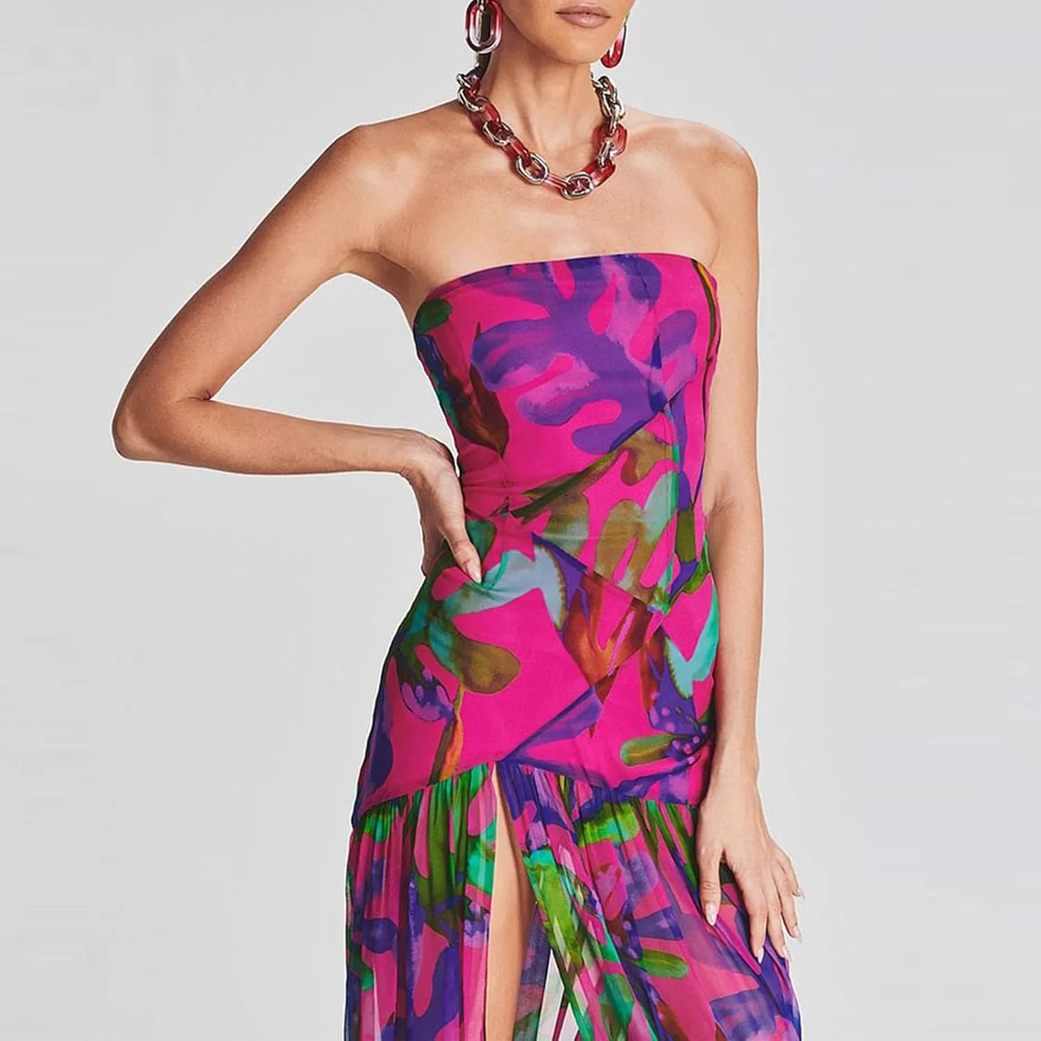 Women's Sexy Mesh Patchwork Maxi Dress Floral Tiger Print Strapless Tube Top Dress High Slit Party Long Dress