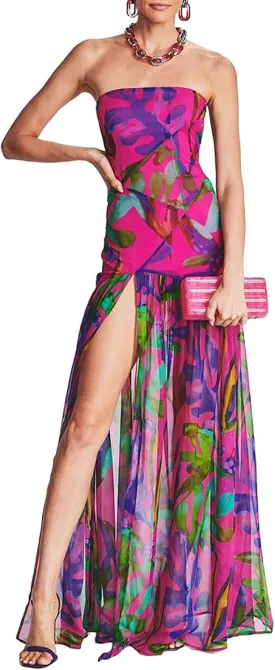 Women's Sexy Mesh Patchwork Maxi Dress Floral Tiger Print Strapless Tube Top Dress High Slit Party Long Dress