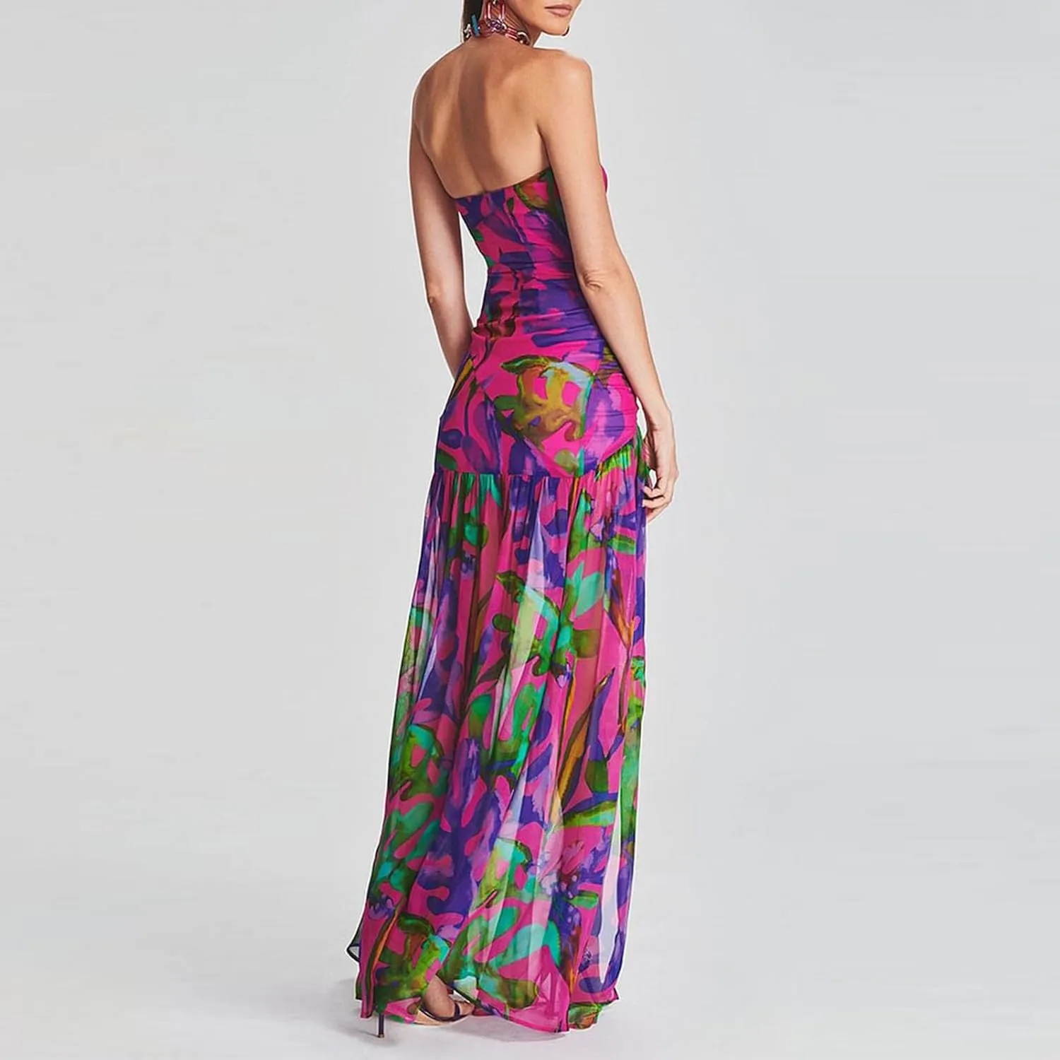 Women's Sexy Mesh Patchwork Maxi Dress Floral Tiger Print Strapless Tube Top Dress High Slit Party Long Dress