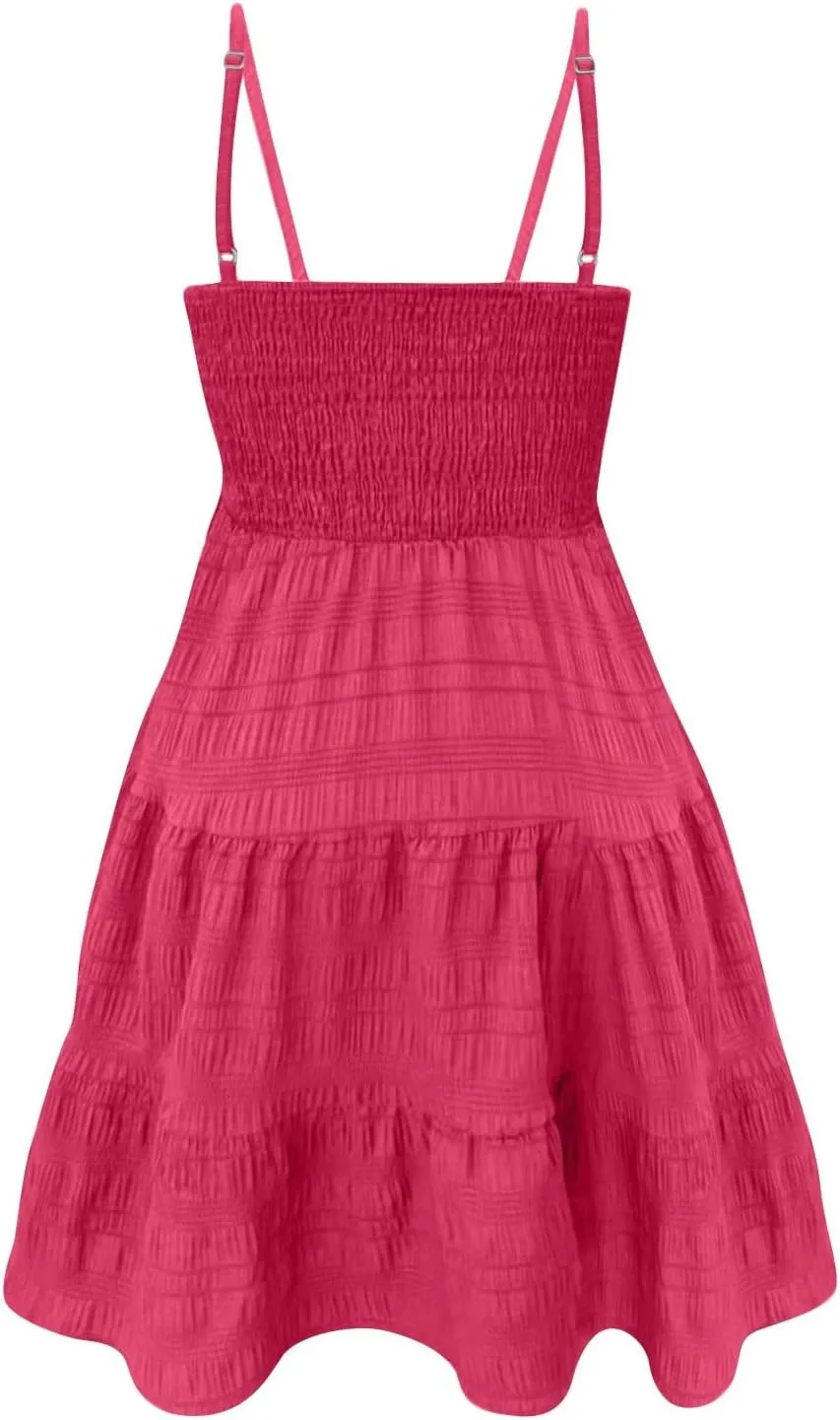 Womens Summer Boho Dresses Spaghetti Strap Sundresses Smocked Tiered Mini Dress Casual Flowy Swing Beach Sun Dress