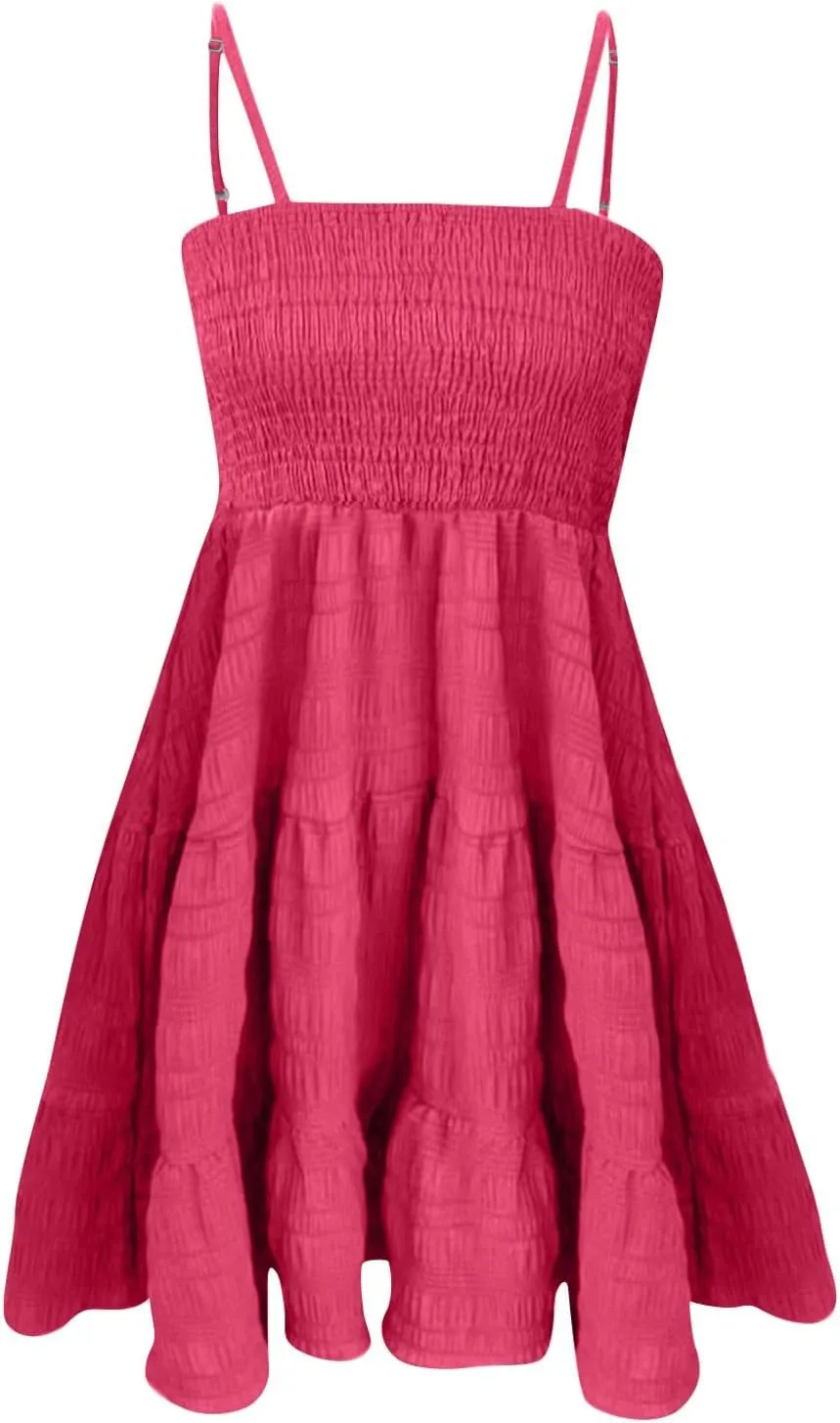 Womens Summer Boho Dresses Spaghetti Strap Sundresses Smocked Tiered Mini Dress Casual Flowy Swing Beach Sun Dress