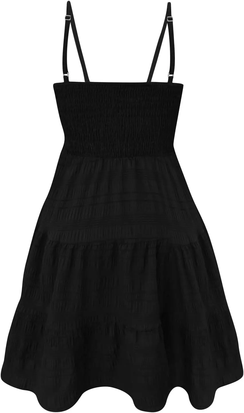 Womens Summer Boho Dresses Spaghetti Strap Sundresses Smocked Tiered Mini Dress Casual Flowy Swing Beach Sun Dress