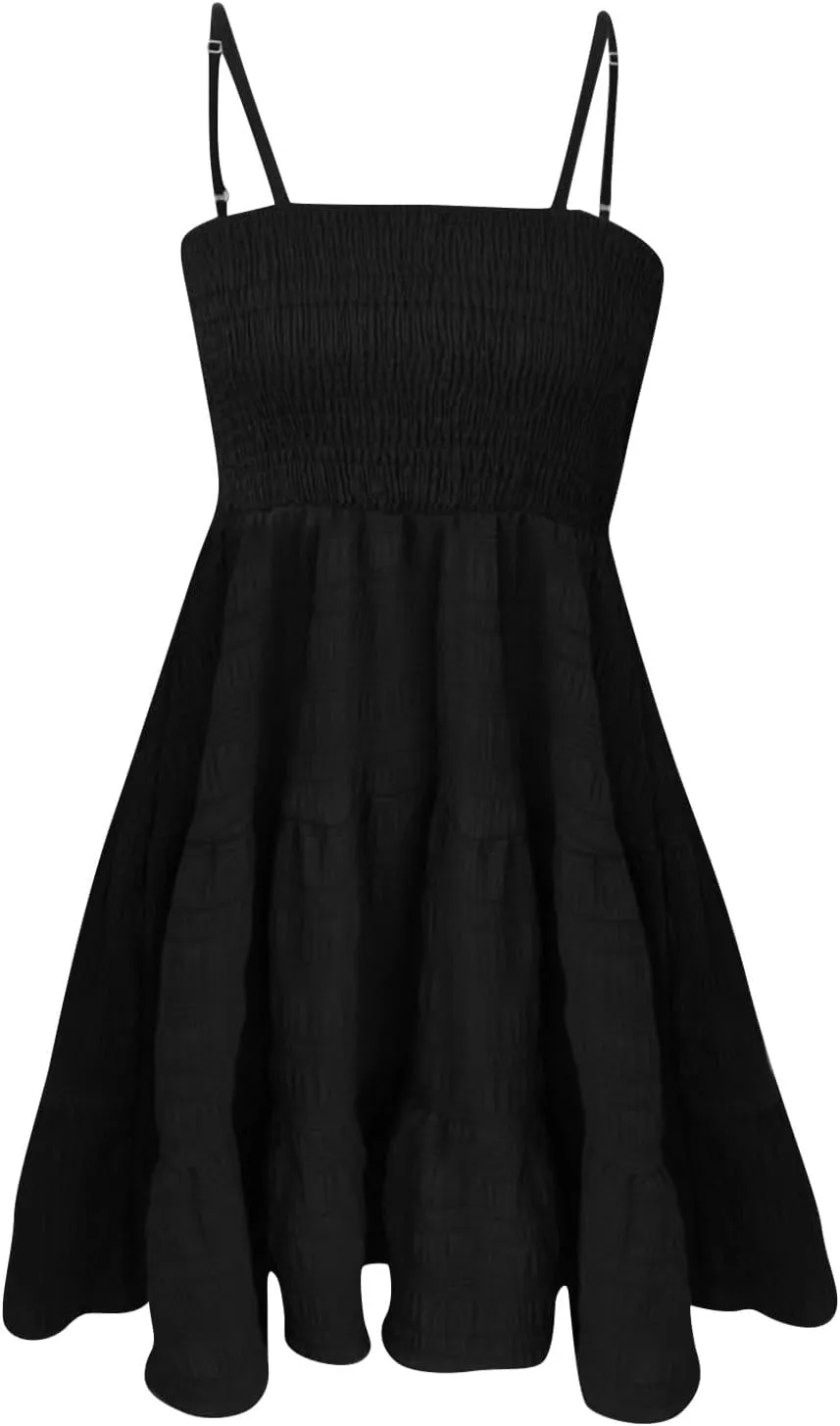 Womens Summer Boho Dresses Spaghetti Strap Sundresses Smocked Tiered Mini Dress Casual Flowy Swing Beach Sun Dress