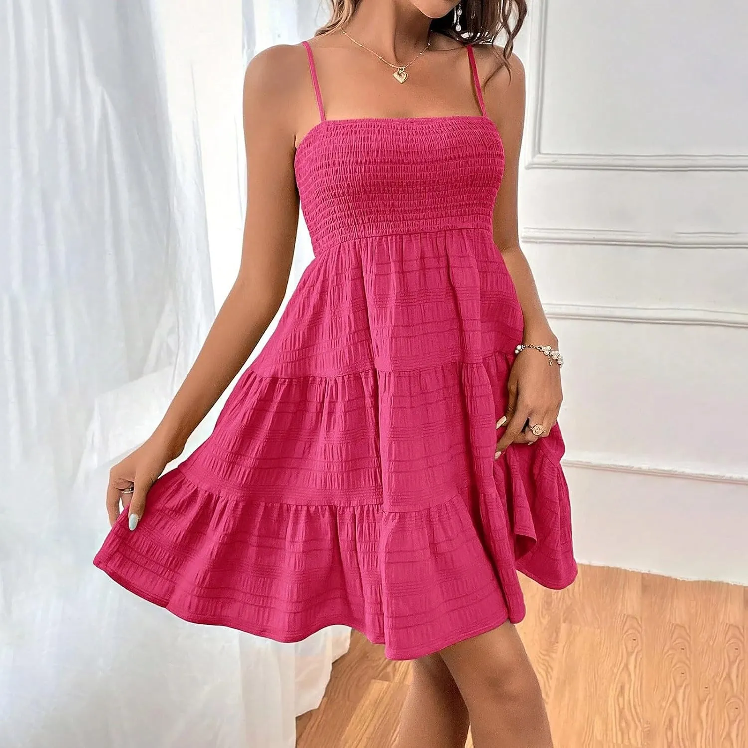 Womens Summer Boho Dresses Spaghetti Strap Sundresses Smocked Tiered Mini Dress Casual Flowy Swing Beach Sun Dress
