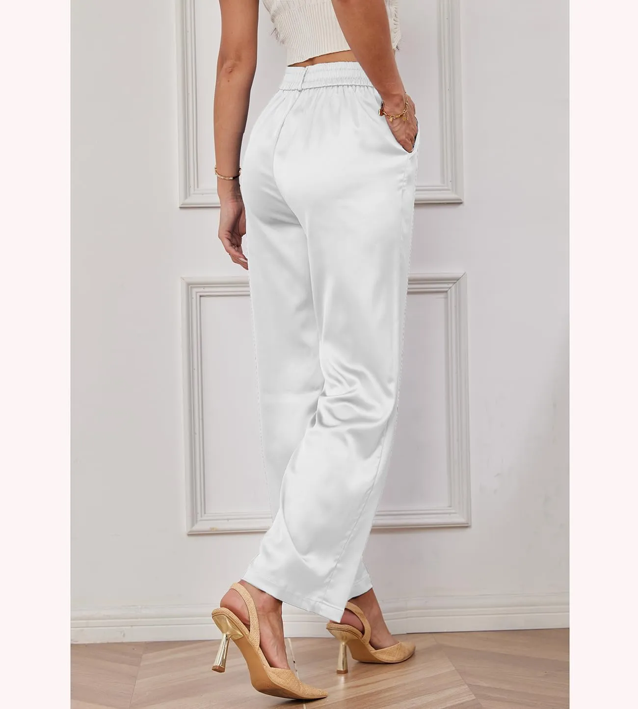 zsangbee Women's Satin Wide Leg Pants High Waisted Work Pants Party Dress Trouser Casual Slacks