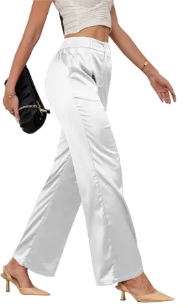 zsangbee Women's Satin Wide Leg Pants High Waisted Work Pants Party Dress Trouser Casual Slacks