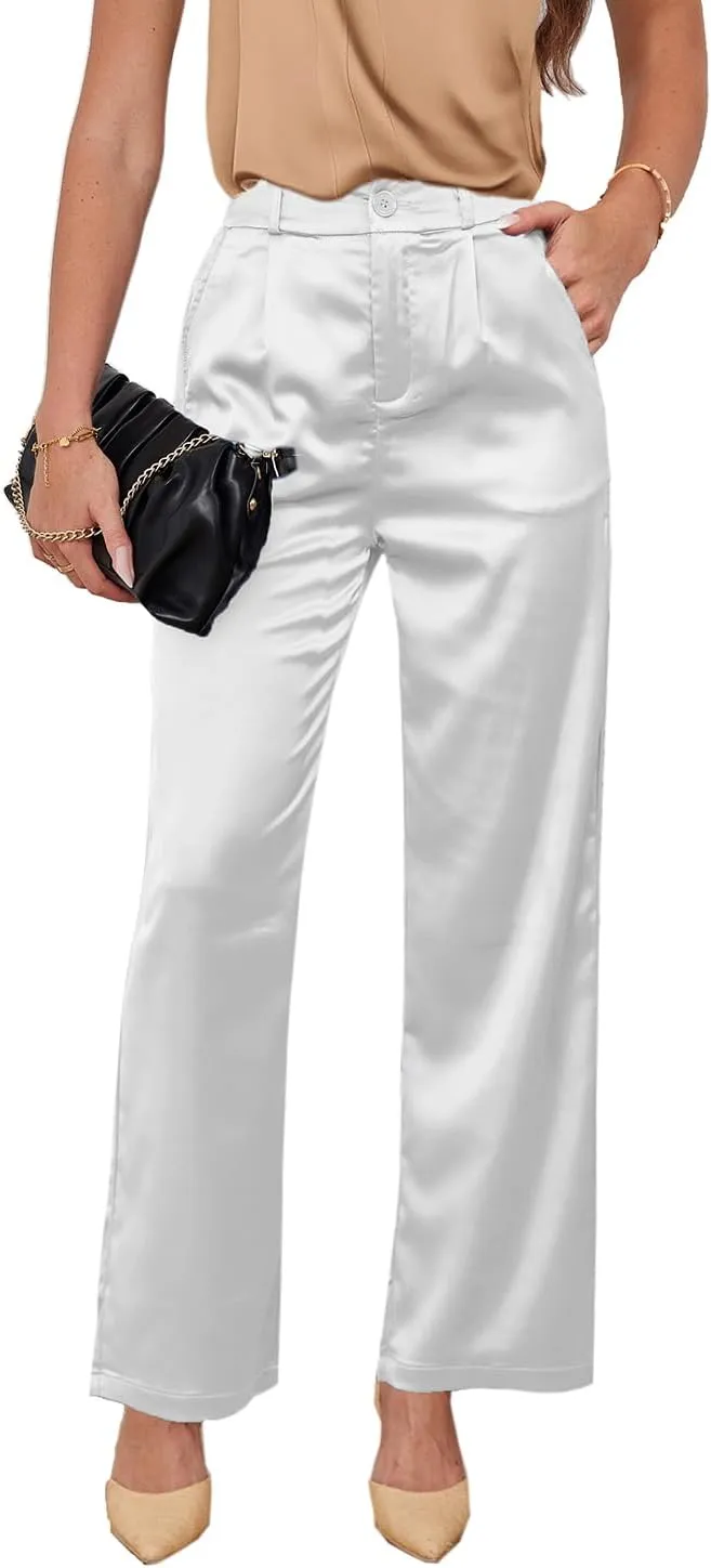 zsangbee Women's Satin Wide Leg Pants High Waisted Work Pants Party Dress Trouser Casual Slacks